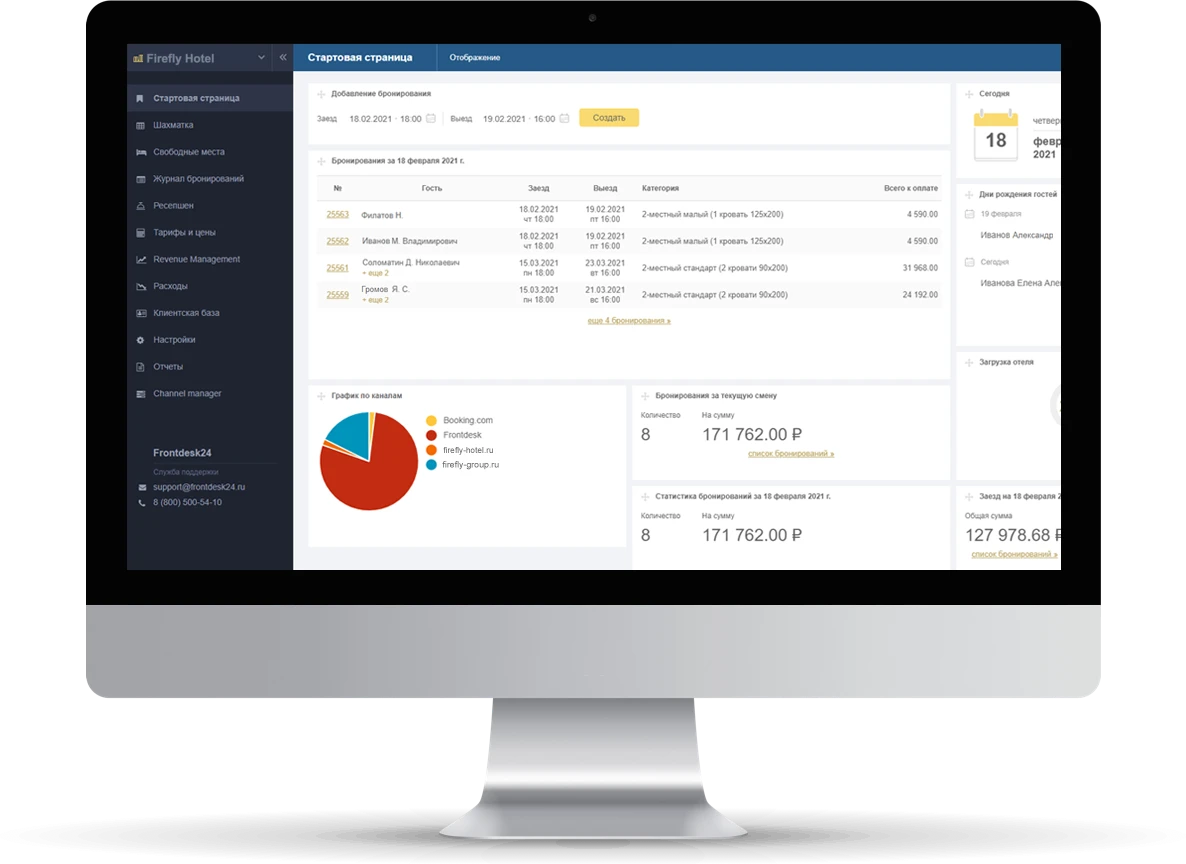 Рабочий стол PMS Frontdesk24 на экране компьютера